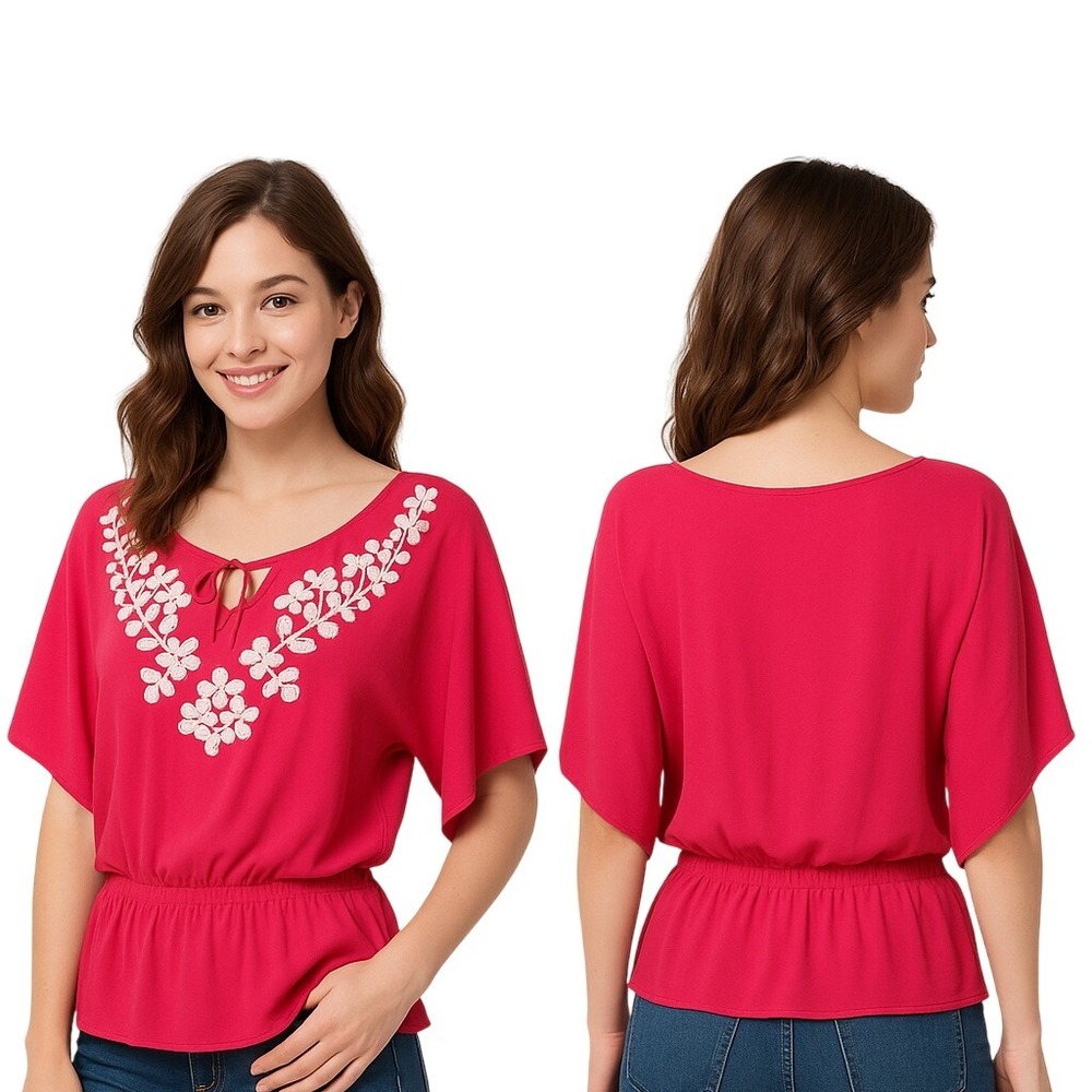 Elle Blouse Top XS Hot Pink Embroidered Peasant Tie Neck Elastic Waist Boho Chic